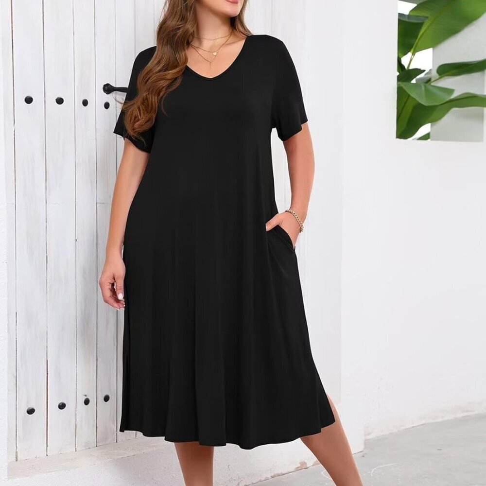 Women Plus Size T-Shirt Dress Casual Long V-Neck Beach Cover Up - Picture 4 of 6